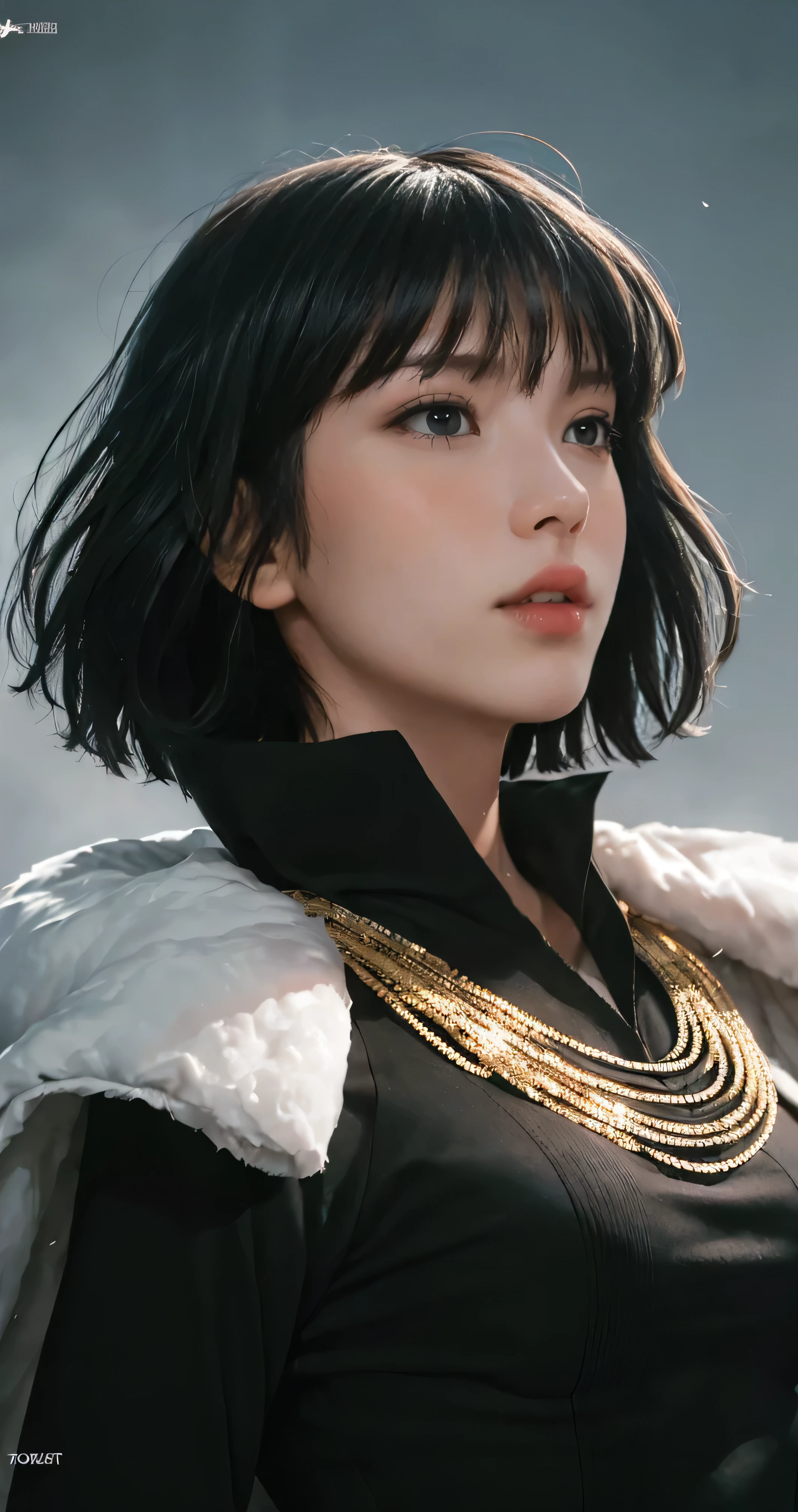 FUBUKI, (BLACK HAIR), Straight hair, TAUT CLOTHES, FUR COAT, JEWELRY, NECKLACE, long face, short hair, straight hair, (photorealistic:1.2), (masterpiece), best quality, (detailed face:1.4), raw photo, ultra realistic 8k, perfect artwork, (background violent tornado and storm :1.2),BREAK, photography,masterpiece,best quality,HDR,highres,realistic details,8K,HDR,highres,absurdres,1girl fly in the air, fubuki,expressionless, tiny breasts,masterpiece,ultra realistic,32k,extremely detailed CG unity 8k wallpaper, best quality