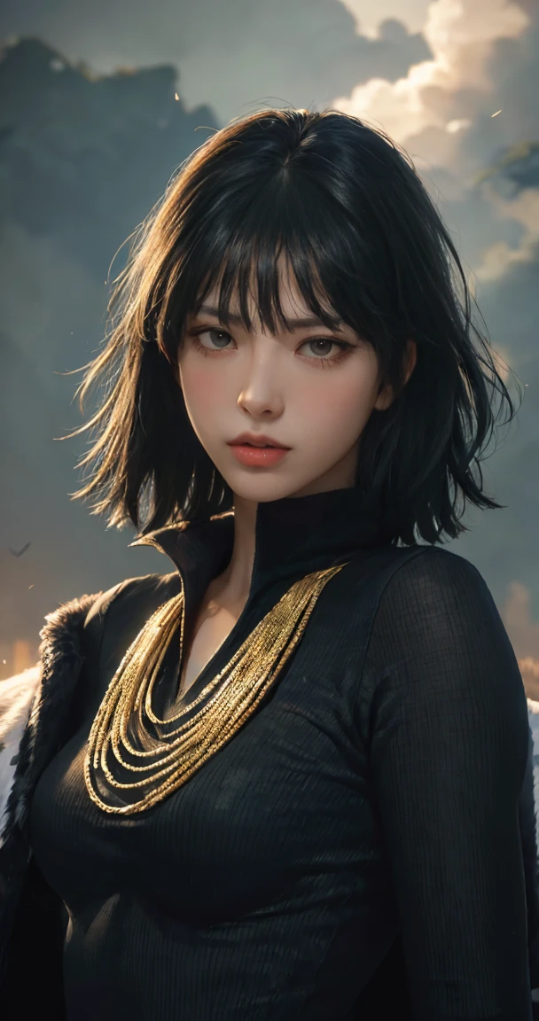 FUBUKI, (BLACK HAIR), Straight hair, TAUT CLOTHES, FUR COAT, JEWELRY, NECKLACE, long face, short hair, straight hair, (photorealistic:1.2), (masterpiece), best quality, (detailed face:1.4), raw photo, ultra realistic 8k, perfect artwork, (background violent tornado and storm :1.2),BREAK, photography,masterpiece,best quality,HDR,highres,realistic details,8K,HDR,highres,absurdres,1girl fly in the air, fubuki,expressionless, tiny breasts,masterpiece,ultra realistic,32k,extremely detailed CG unity 8k wallpaper, best quality, head to waist section composition.