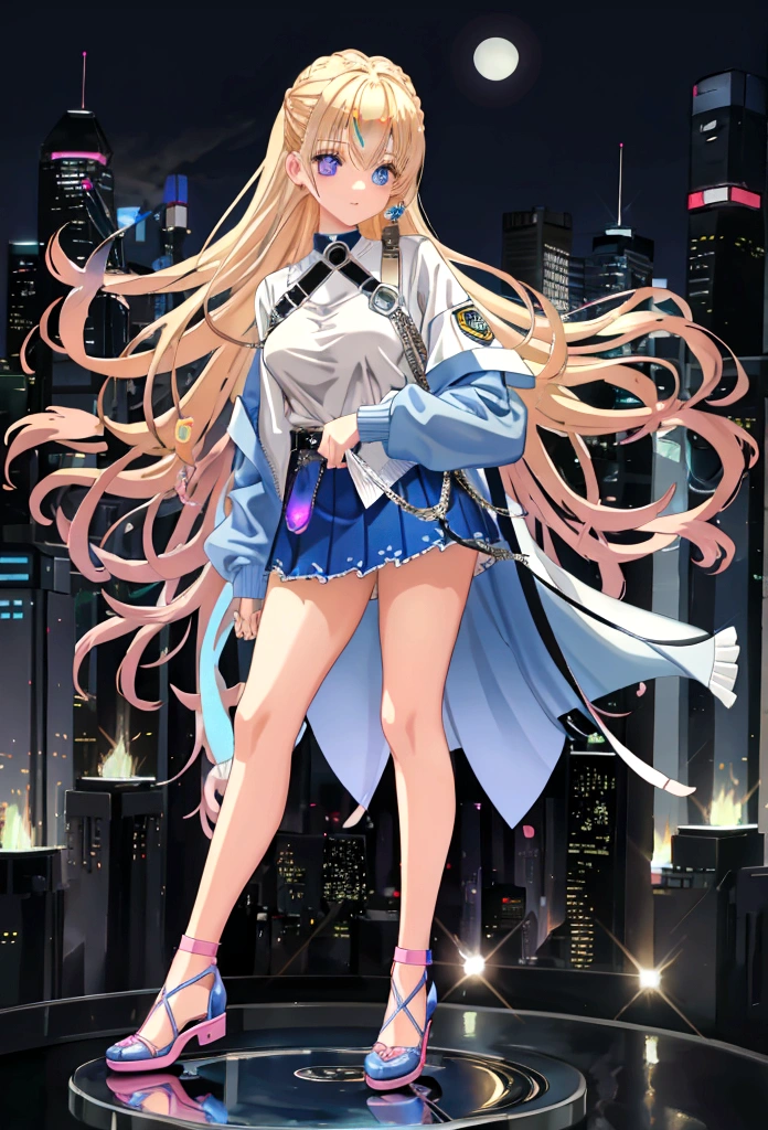 Eyecolor: Blue, Haircolor: Blond, Age: 15, Height: 165 cm, Weight: 59 kg, Skirt: blue left-open-side mini-skirt, Top: Light pink Sleeveless shirt, Jacket: Denim Jacket, Shoe's: White sneakers with pink accents, Watch: Apple Watch Ultra 2 (Wearing on Left Arm)