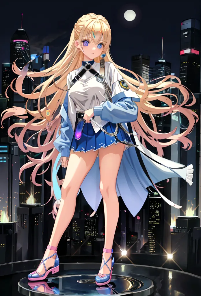 eyecolor: blue, haircolor: blond, age: 15, height: 165 cm, weight: 59 kg, skirt: blue left-open-side mini-skirt, top: light pink...