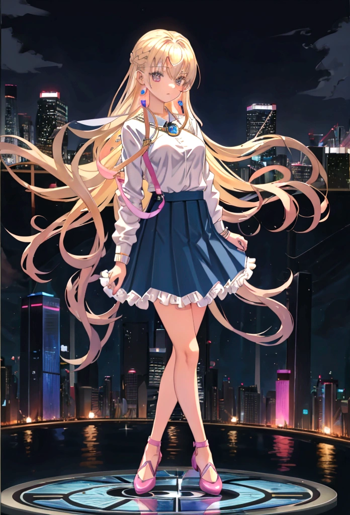 Eyecolor: Blue, Haircolor: Blond, Age: 15, Height: 165 cm, Weight: 59 kg, Skirt: blue left-open-side mini-skirt, Top: Light pink Sleeveless shirt, Jacket: Denim Jacket, Shoe's: White sneakers with pink accents, Watch: Apple Watch Ultra 2 (Wearing on Left Arm)