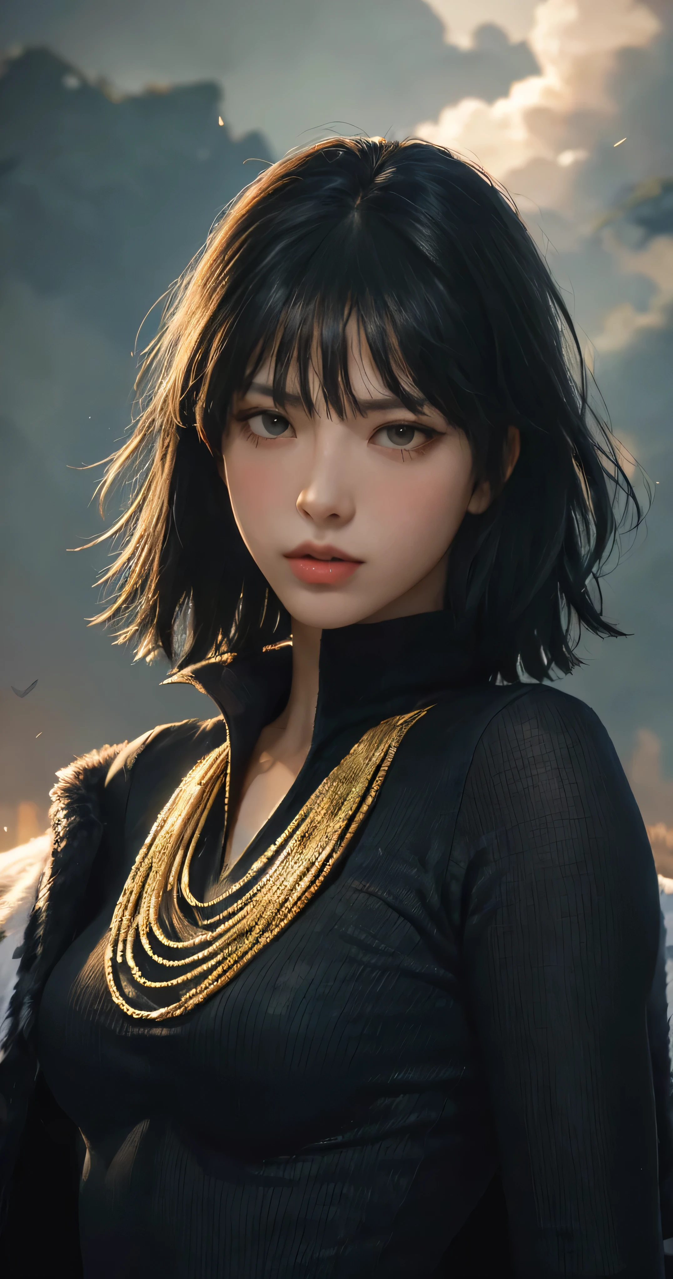 FUBUKI, (BLACK HAIR), Straight hair, TAUT CLOTHES, FUR COAT, JEWELRY, NECKLACE, long face, short hair, straight hair, (photorealistic:1.2), (masterpiece), best quality, (detailed face:1.4), raw photo, ultra realistic 8k, perfect artwork, (background violent tornado and storm :1.2),BREAK, photography,masterpiece,best quality,HDR,highres,realistic details,8K,HDR,highres,absurdres,1girl fly in the air, fubuki,expressionless, tiny breasts,masterpiece,ultra realistic,32k,extremely detailed CG unity 8k wallpaper, best quality, head to waist section composition.