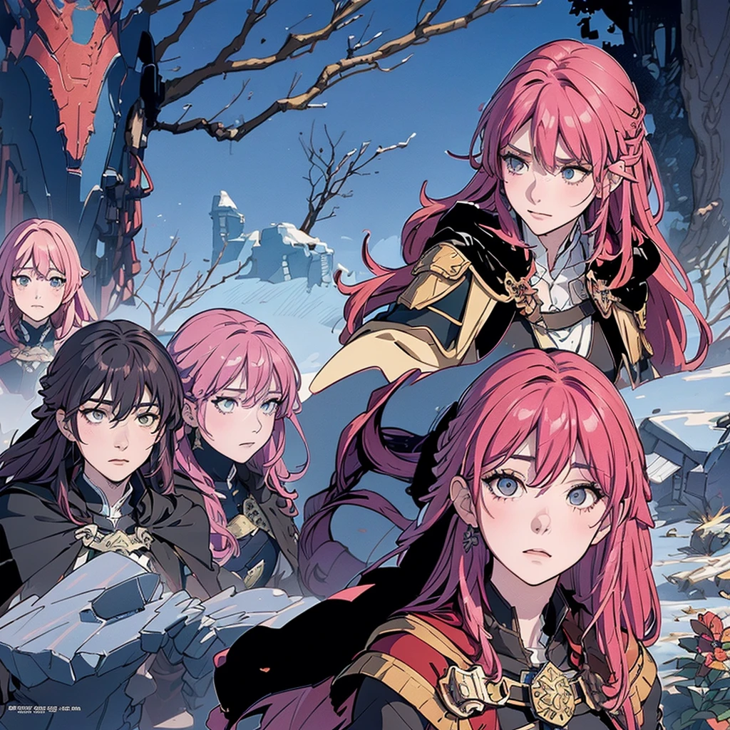 (masseuse piece,best qualityer,ultra detali), (A detailed face), ((character sheet:1.2)), blue colored eyes,(pink  hair:1.1), (long hair), two tone hair,May,Black and red cloak, flat-chested, dagger decoration,((fire emblem)), 1 girl in, the same character,  (magazine:1.3), (cape style:1.3)