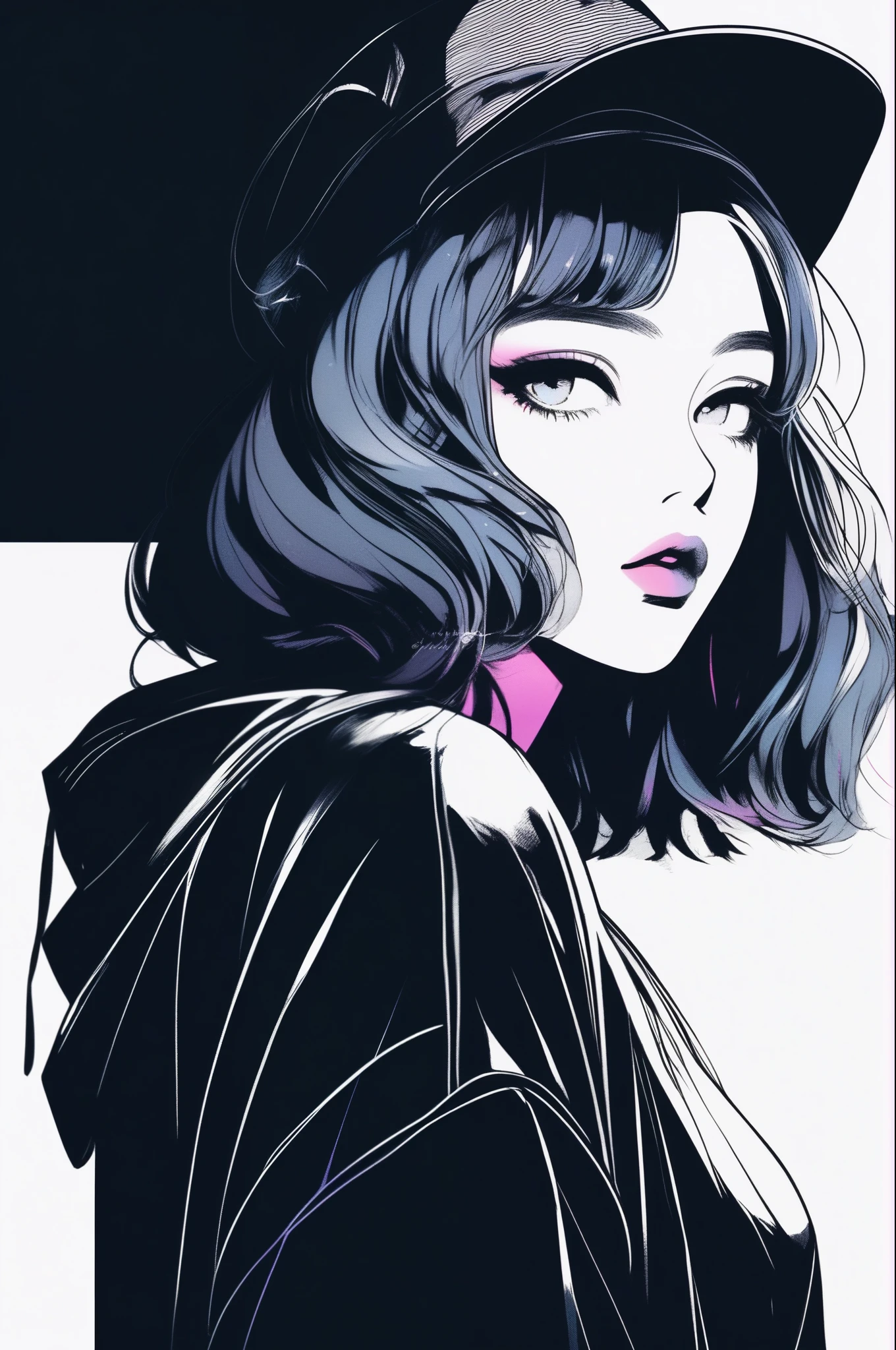 (best quality, sketch:1.2),realistic,illustrator,anime,1 girl, detailed lips,custom, neon gradient, dark background,neon hair,textured cropping, masterpiece, style retro classic, noir style , Japanese style, ((monochrome))