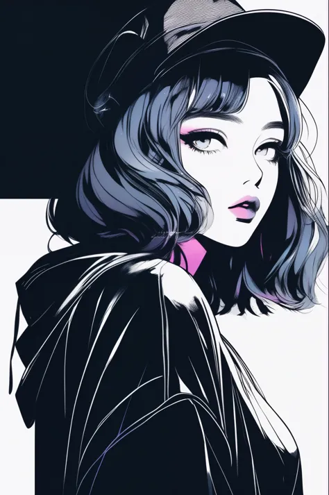 (best quality, sketch:1.2),realistic,illustrator,anime,1 girl, detailed lips,custom, neon gradient, dark background,neon hair,te...