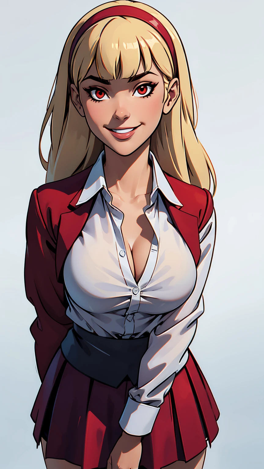 masterpiece, best quality, highres, , bangs, blunt_bangs, blonde_hair, long_hair, eyelashes, red_eyes, red_hairband, collared_shirt, formal,open neckline, school_uniform, long_sleeves, skirt, red_skirt, white_shirt, smiling,simple background,big breasts,cleavage,look at viewer,seams,portrait,nsfw