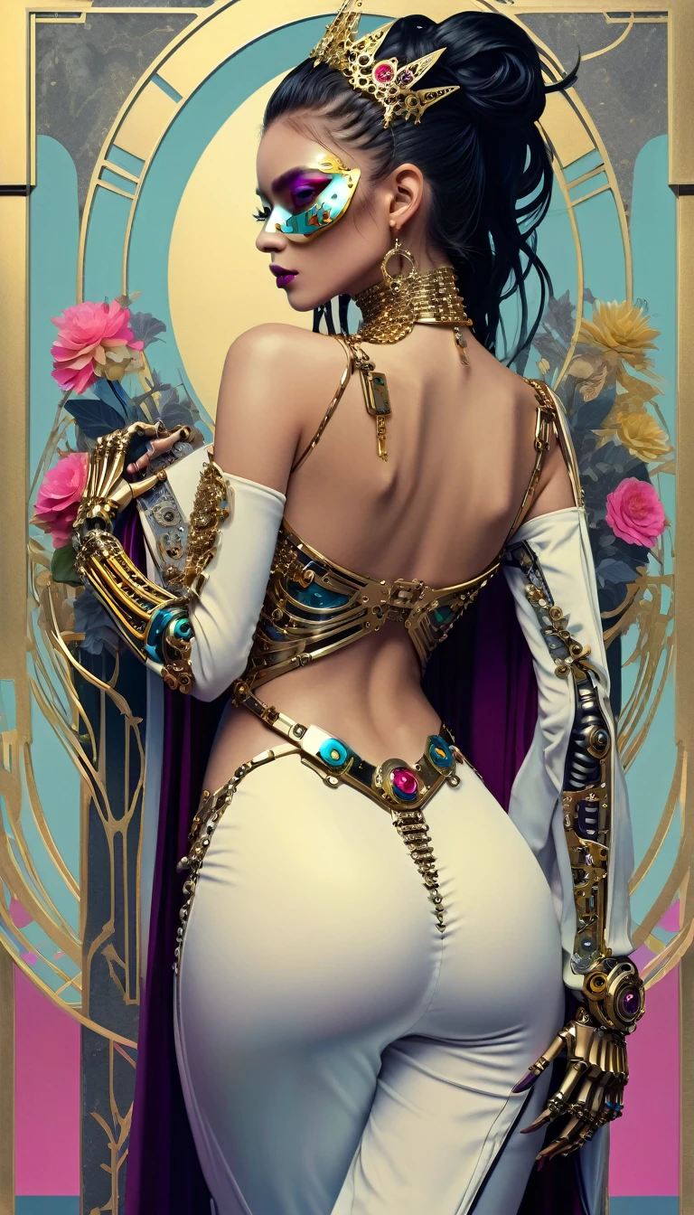 tarot card, chiaroscuro technique on sensual illustration of an queen of sword, a teenage fashion model wearing an exo-skeleton mask, vibrant colors, futuristic cyberpunk style, intricate details, cinematic lighting, dramatic pose, an elegant complex bio mechanical onyx and gold, intricate details, official art, unity 8k wallpaper, ultra detailed, beautiful and aesthetic, beautiful, masterpiece, best quality, the most beautiful form of chaos, elegant, a brutalist designed, vivid colours, romanticism, atmospheric