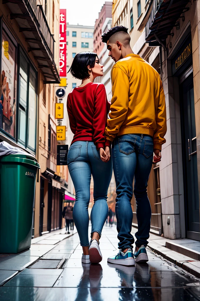 a boy, black hair, red sweatshirt, jeans, sneakers, walking, through the streets of New York, garbage cans, buildings, newspaper sheets on the floor, advertising posters, profile view, side view, wide shot, 16k, 8k, 1080P, HD, 4K, highres, best quality, anatomically correct, masterpiece, accurate