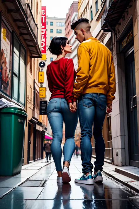 a boy, black hair, red sweatshirt, jeans, sneakers, walking, through the streets of new york, garbage cans, buildings, newspaper...