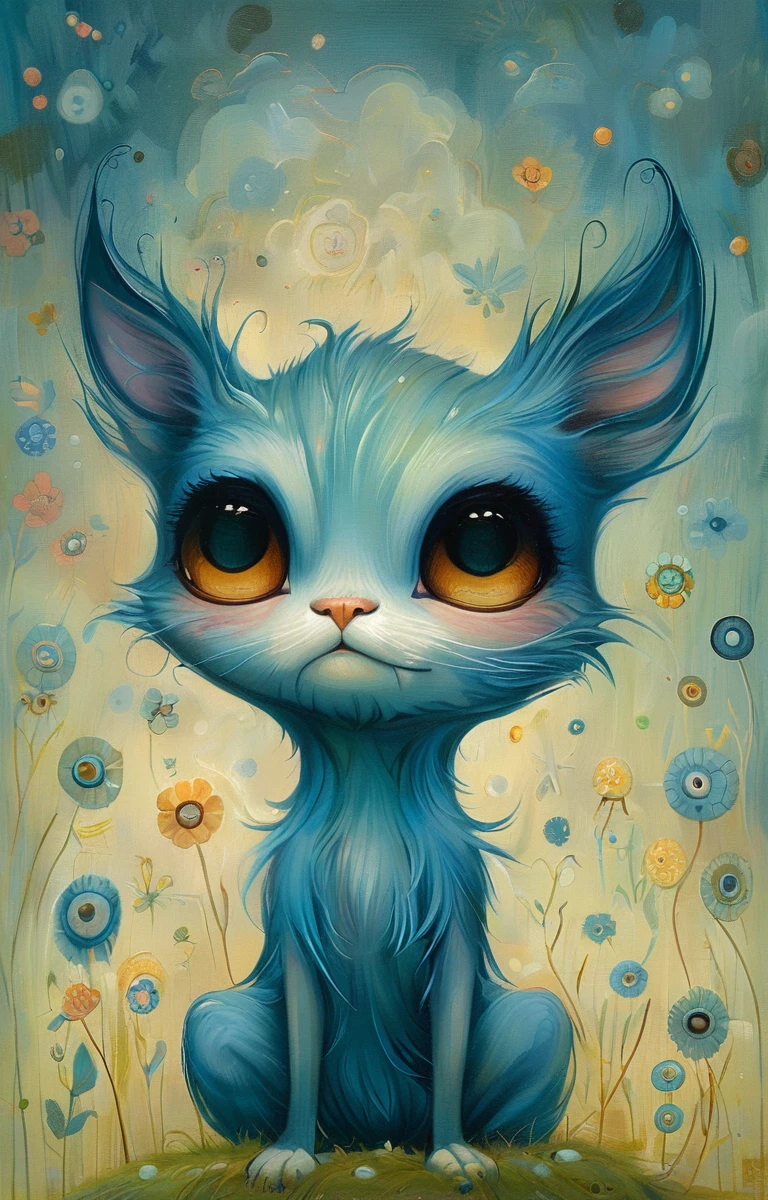 work of art,best qualityer,illustration,Jeremiah Ketner style, A happy little furry blue round monster, without trunk, with hairy brown legs and feet, eyes browns, big brown nose, brandishing mouth with big teeth sticking out and green saliva coming out