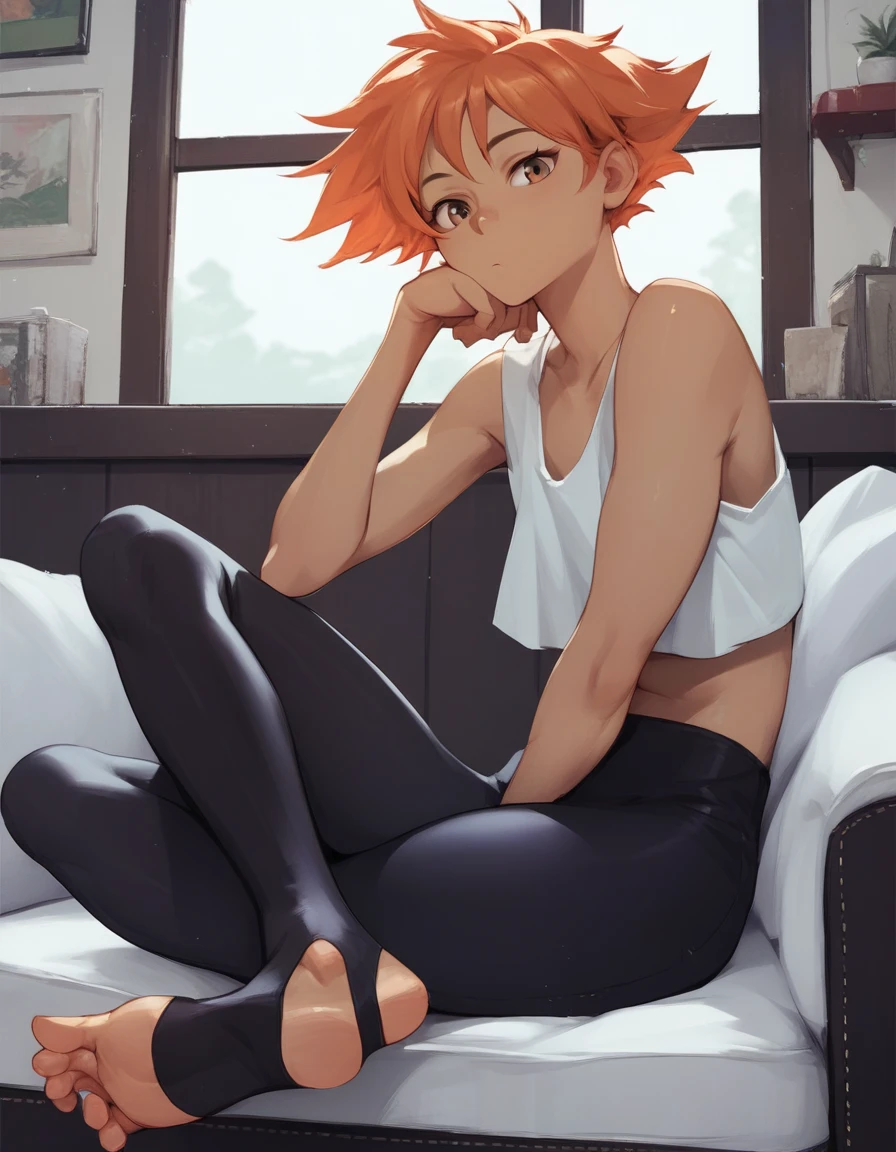 score_9, score_8_up, score_7_up, score_6_up, score_5_up, score_4_up, source_anime, BREAK
Edward, midriff, orange hair, 1girl, toeless legwear, solo, sitting, crossed legs, looking at viewer, bare shoulders, indoors, leggings, stirrup legwear, sleeveless, head rest,