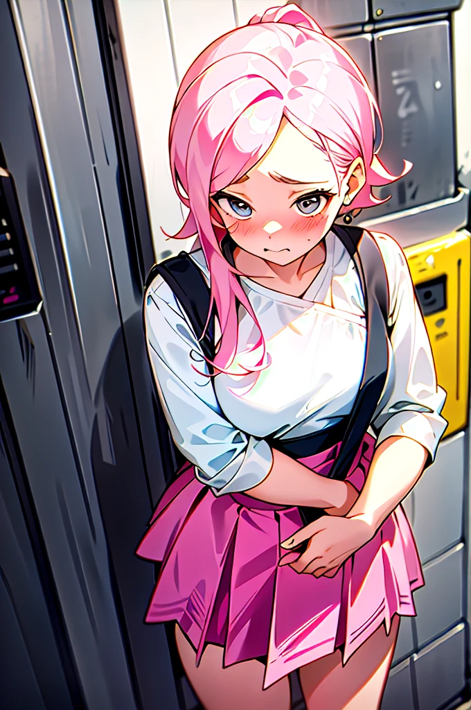 Cute pink hair、One girl in a cute dress、One girl takes to the bathroom、Look away、Standing、embarrassed from、Blushing、Keep your mouth shut、a street(Girl is peeing:1.7)、Mini skirt