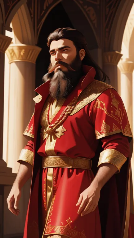 Realistic portrait of King Darius, a king who lived in the days of the prophet Daniel he wears a red priestly robe . Your face i...