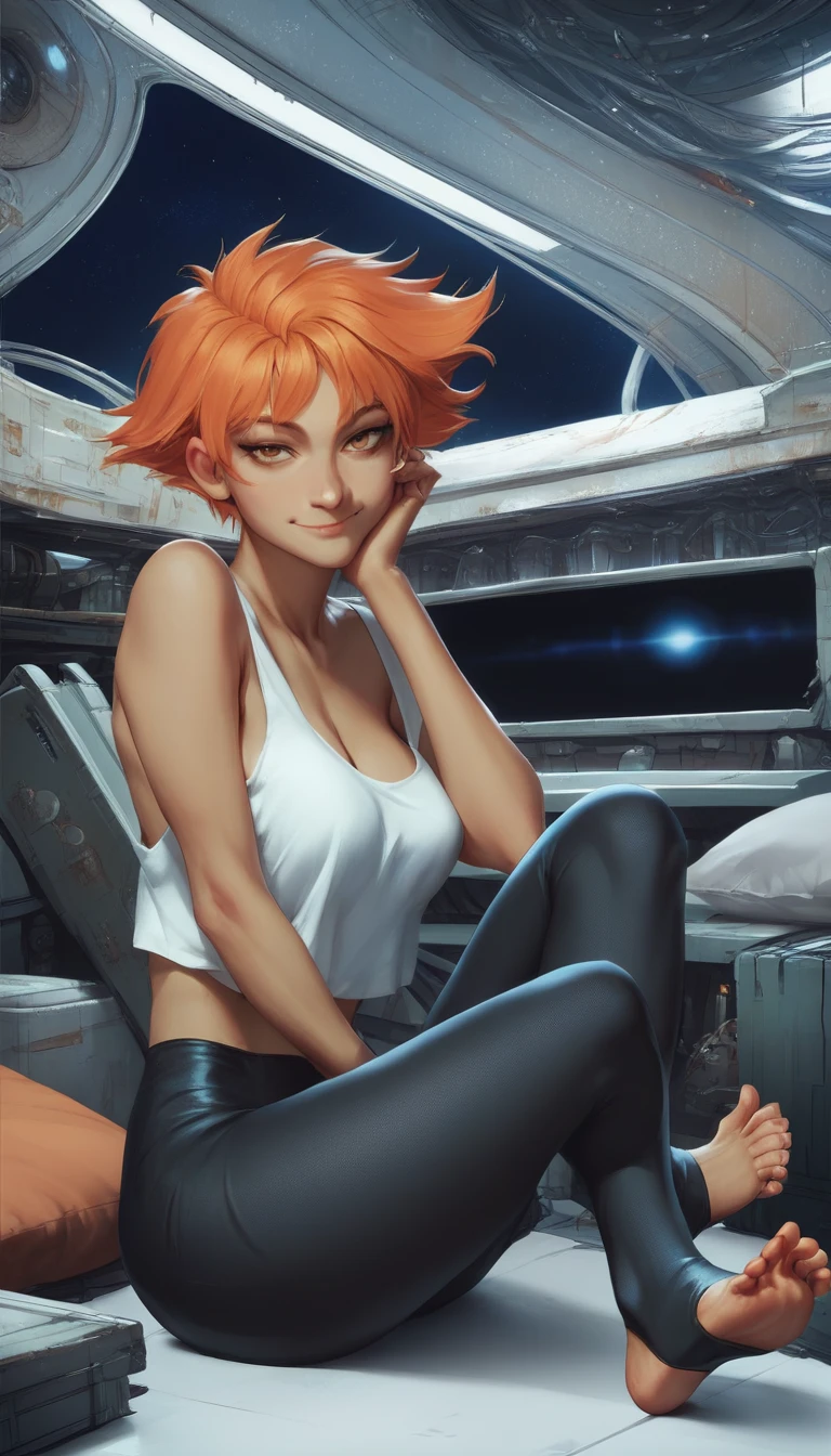 score_9, score_8_up, score_7_up, score_6_up, score_5_up, score_4_up, source_anime, BREAK Edward, midriff, orange hair, 1girl, toeless legwear, solo, sitting, crossed legs, looking at viewer, bare shoulders, indoors, leggings, stirrup legwear, sleeveless, head rest, space station, engine room, smiling, bedroom eyes, breasts, cleavage (insanely detailed, beautiful detailed face, masterpiece, best quality),