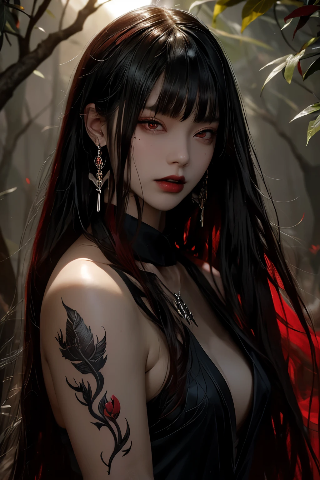 "Transport yourself to a world of fantasy and wonder with this visually striking digital artwork. A mysterious woman with long red hair and a captivating black outfit stands amidst a lush forest, her body adorned with intricate tattoos that seem to come to life under the glowing sun."