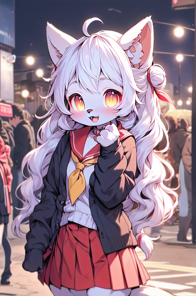 1 furry feline cat girl , Himiko toga , double bun, sidelocks,  sailor collar, red neckerchief, slit pupils, sharp teeths, pleated skirt, serafuku, cardigan,  long sleeves,  blue saillor collar, yellow eyes 