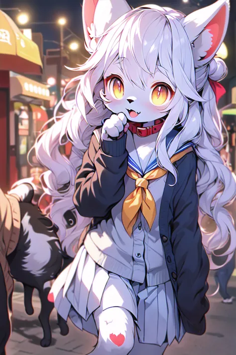 1 furry feline cat girl , Himiko toga , double bun, sidelocks,  sailor collar, red neckerchief, slit pupils, sharp teeths, pleat...