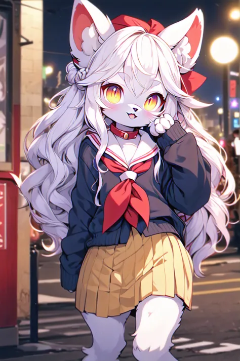 1 furry feline cat girl , Himiko toga , double bun, sidelocks,  sailor collar, red neckerchief, slit pupils, sharp teeths, pleat...