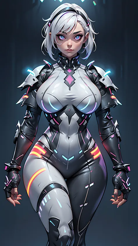 1 girl,grey skin,white armor,rgb led clothes,huge breasts,open bust,white hair,colored skin,rgb trim,busty,high resolution,4k,fu...