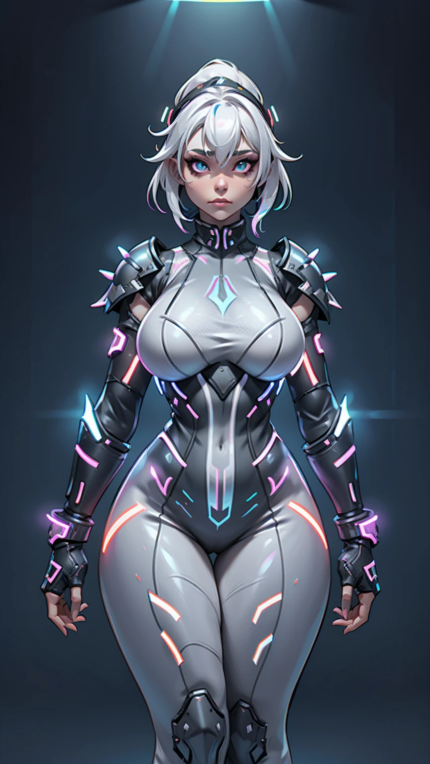 1 girl,grey skin,white armor,rgb led clothes,huge breasts,open bust,white hair,colored skin,rgb trim,busty,high resolution,4k,futuristic