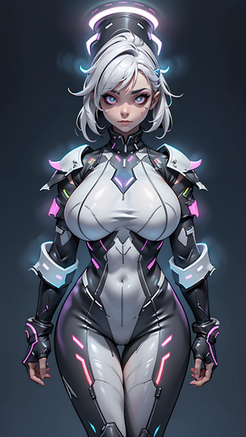 1 girl,grey skin,white armor,rgb led clothes,huge breasts,open bust,white hair,colored skin,rgb trim,busty,high resolution,4k,futuristic