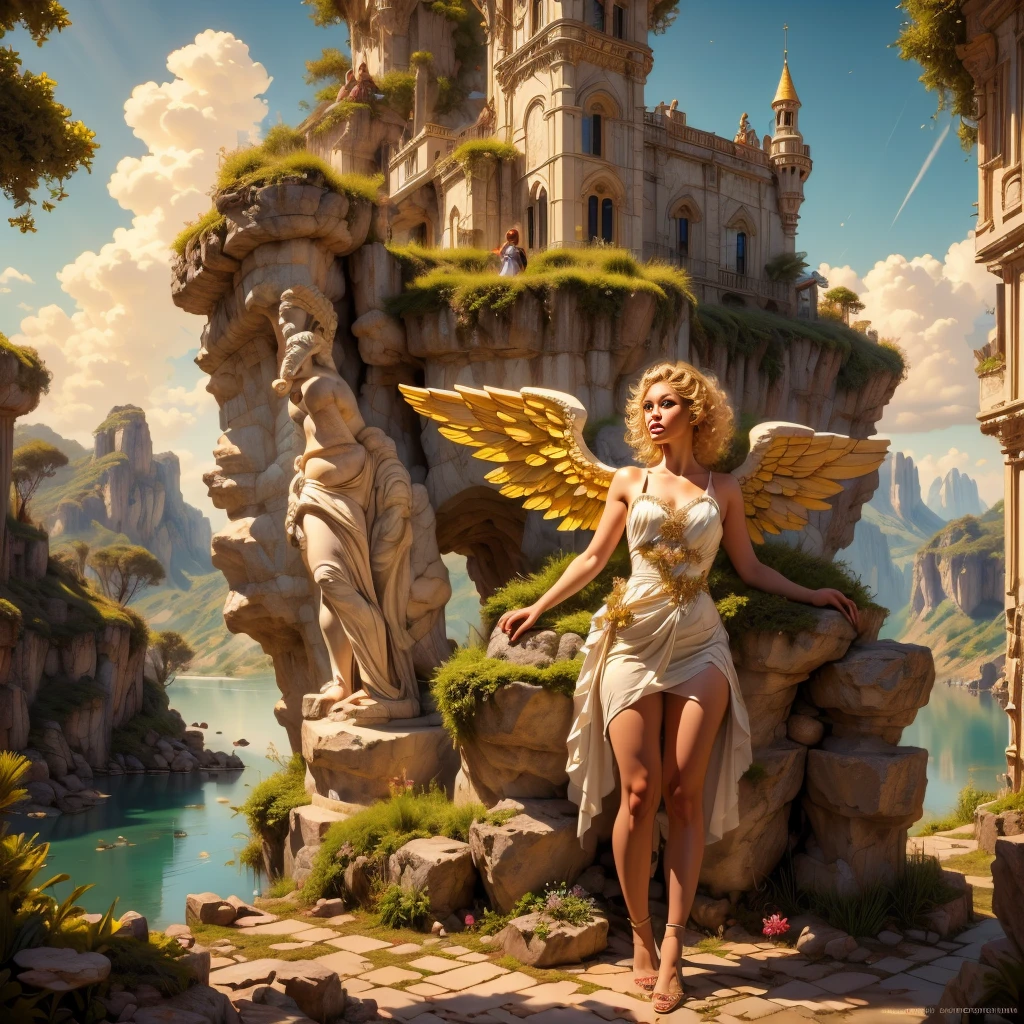 (full body:1.65), halo above head_aureola, solo highly detailed and beautiful angel,(Center of angel's body_Symmetrical_White color_Delicately detailed angel wings:1.5),Exquisite and detailed facial features,(Beautiful blonde curly hair:1.4),Highly detailed face and hair,Long eyelashes,Beautifully detailed eyes,Beautifully detailed lips,Thin translucent flowing_White_elegant dress,Glowing aura,Stunning landscape of heavenly scenery,Rolling hills,Lush meadows and sparkling lake,(Highest quality,4k,8k,High resolution,Masterpiece:1.2),Ultra detailed,(Realistic,Photorealistic,Photorealistic:1.37),HDR,UHD,Studio lighting,Ultra fine painting,Sharp focus,Physically based rendering,Extreme detail description,Professional,Vivid colors,Bokeh,Scenery,Peaceful,Idyllic,Golden hour lighting,Dramatic sky,Fluffy clouds,Reflecting lake,Vibrant greenery,Wildflowers,Ancient castle,Medieval architecture