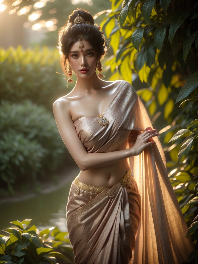 A woman is depicted in a commanding stance, while ensconced within a lush garden as the dusk settles. She's wrapped in an alluring Indian sari, her posture radiating a sense of enigma. The illumination is subtle and balmy, carving an ethereal setting. (solo), (commanding pose: 1.4), (Indian sari: 1.5), (lush garden: 1.3), (dusk: 1.3), (enigmatic allure: 1.5), (soft balmy lighting: 1.4).