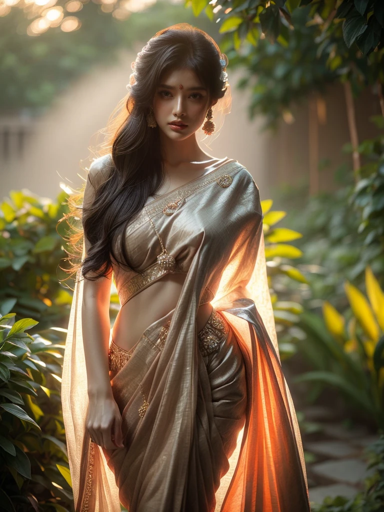 A woman is depicted in a commanding stance, while ensconced within a lush garden as the dusk settles. She's wrapped in an alluring Indian sari, her posture radiating a sense of enigma. The illumination is subtle and balmy, carving an ethereal setting. (solo), (commanding pose: 1.4), (Indian sari: 1.5), (lush garden: 1.3), (dusk: 1.3), (enigmatic allure: 1.5), (soft balmy lighting: 1.4).