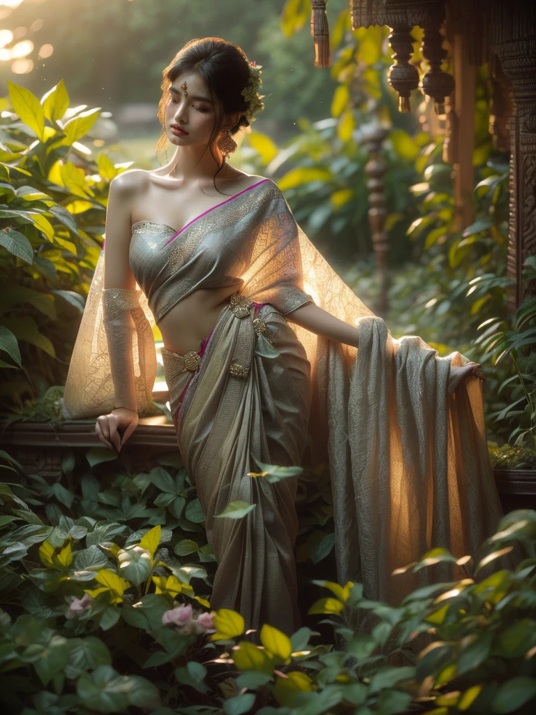 Immersed in a verdant garden during twilight, a woman is frozen in a languid pose. She is adorned in an enticing Indian sari, her demeanor emanating a cryptic charm. The light is gentle and warm, casting an otherworldly ambiance. (solo), (languid pose: 1.4), (Indian sari: 1.5), (lush garden: 1.3), (dusk: 1.3), (cryptic charm: 1.5), (gentle warm lighting: 1.4).