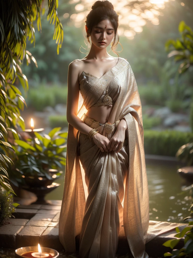 Nestled in an ample garden at twilight, a woman is seen in a contemplative stance. Robed in a suggestive Indian sari, her aura beckons a serene mystique. The glow is soft and comforting, composing a visionary feel. (solo), (contemplative stance: 1.4), (Indian sari: 1.5), (lush garden: 1.3), (dusk: 1.3), (serene mystique: 1.5), (soft comforting glow: 1.4).