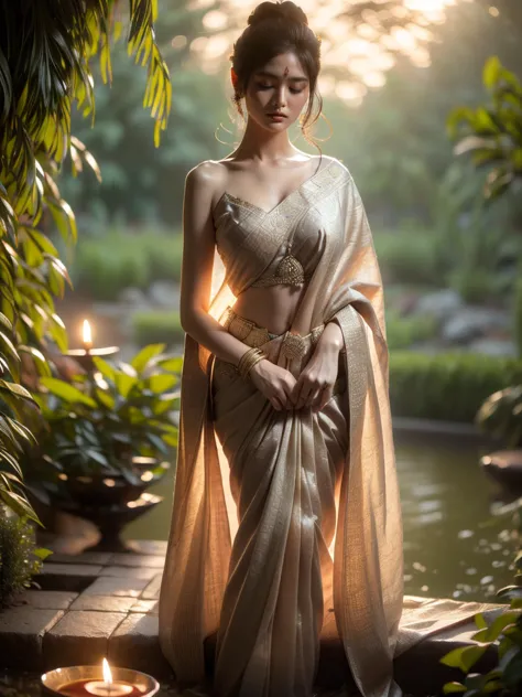 nestled in an ample garden at twilight, a woman is seen in a contemplative stance. robed in a suggestive indian sari, her aura b...