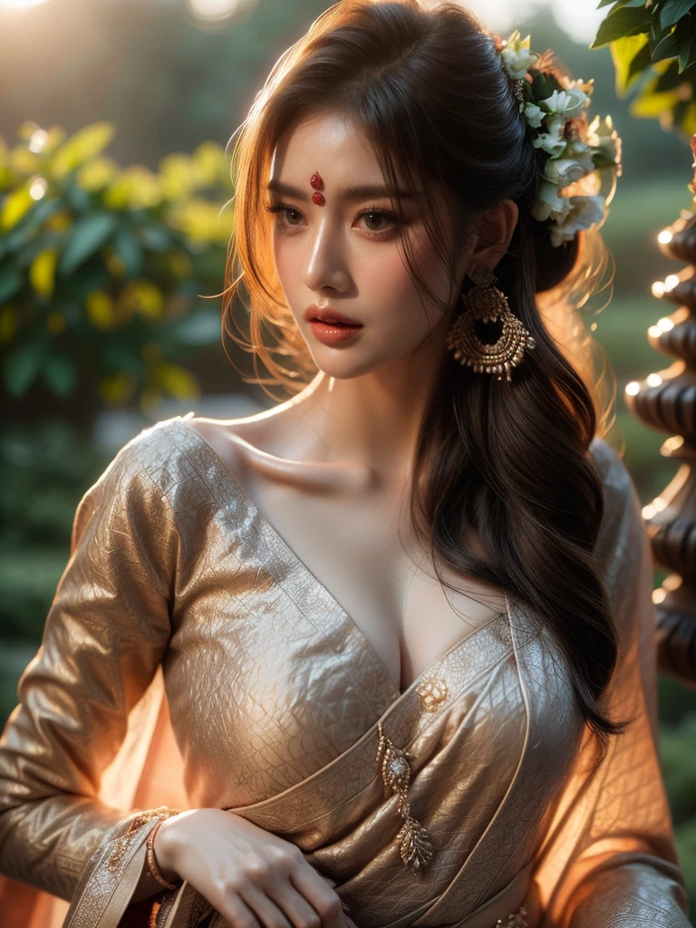 From a close-up angle, a woman in an Indian sari is seen in a tantalizing pose under the embracing dusk, within a verdant garden. Her allure is understated yet undeniable. The soft warm lighting complements her mystique. (Close-up angle: 1.4), (tantalizing pose: 1.4), (Indian sari: 1.5), (lush garden: 1.3), (dusk: 1.3), (Understated allure: 1.5), (soft warm lighting: 1.4).