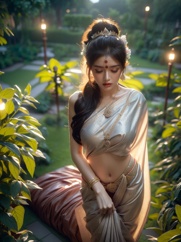 A woman is seen from a unique aerial perspective in a lush garden at dusk, where her pose is enticing and evocative. The Indian sari she wears adds a layer of cultural depth and the warm and gentle lighting sets the mood. Her mood is enigmatic and captivating. (Aerial perspective: 1.5), (enticing pose: 1.4), (Indian sari: 1.5), (lush garden: 1.3), (dusk: 1.3), (enigmatic mood: 1.5), (soft warm lighting: 1.4).