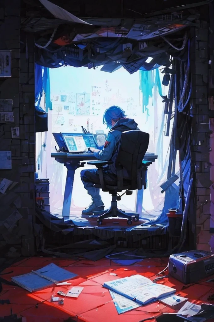 Make a male character in his gamer room writing in his notebook 