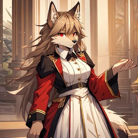 , solo, 1girl, Furry , furry wolf, anthropomorphic, female, red eyes, (beige fur, beige skin), elegant uniform, 