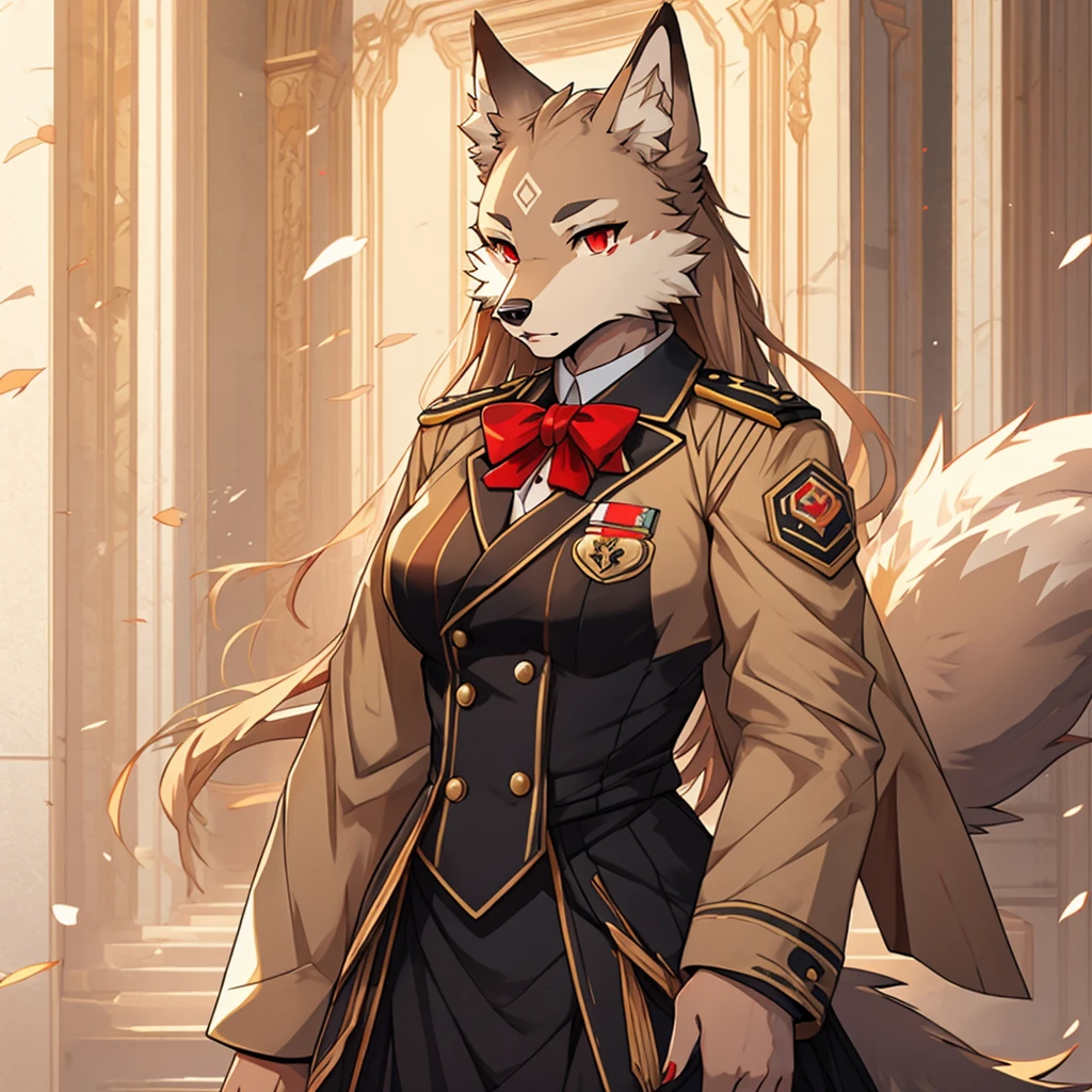 , solo, 1girl, Furry , furry wolf, anthropomorphic, female, red eyes, (beige fur, beige skin), elegant uniform, 