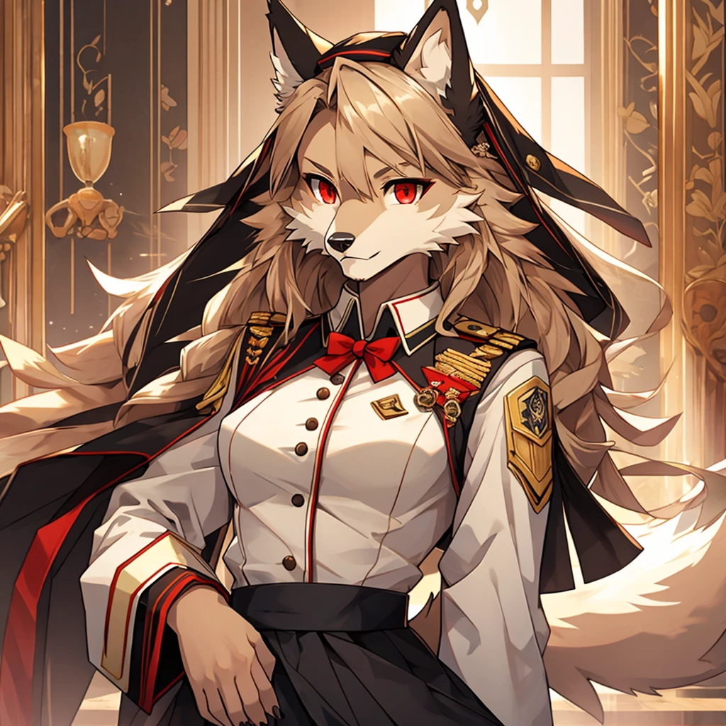 , Allein, 1 Mädchen, pelzig , pelziger Wolf, anthropomorph, weiblich, rote Augen, (beige fur, beige skin), elegante Uniform, 