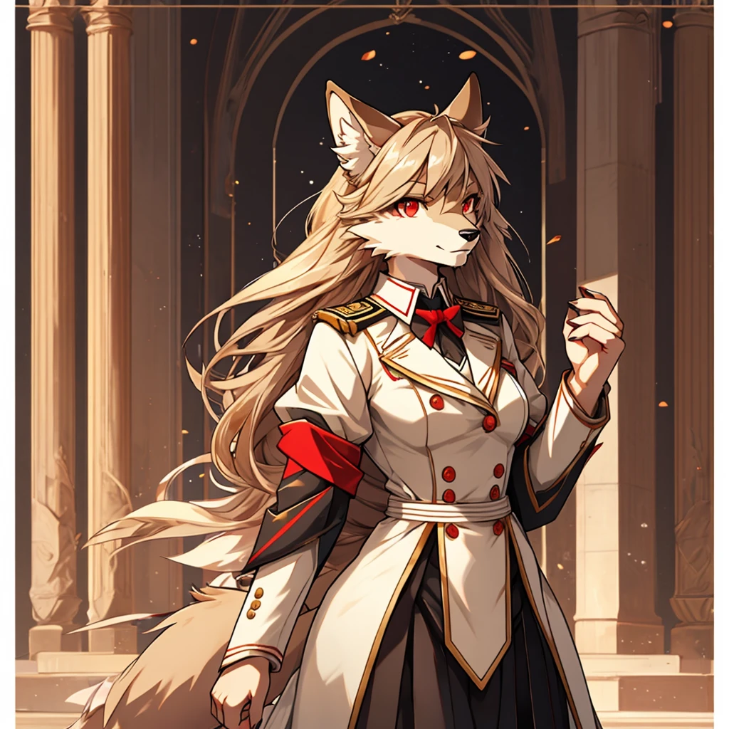 , solo, 1girl, Furry , furry wolf, anthropomorphic, female, red eyes, (beige fur, beige skin), elegant uniform, 