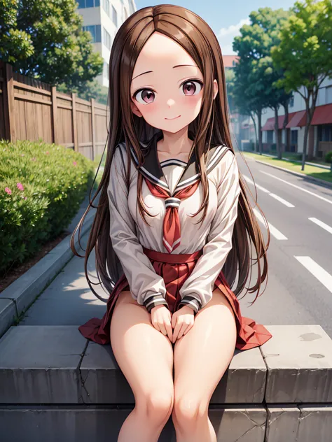 (master detailed anime)(masterpiece)Brown Hair、Blushing 、(Takagi san)(Sailor suit 1.5)(at street)(spread legs1.5)(panty shot1.5)...