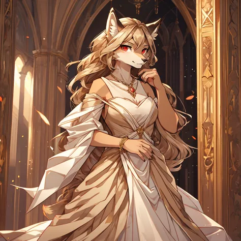 , solo, 1girl, Furry , furry wolf, anthropomorphic, female, red eyes, (beige fur, beige skin), elegant dress, gala , 