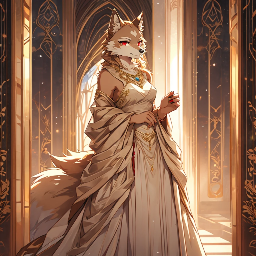 , solo, 1girl, Furry , furry wolf, anthropomorphic, female, red eyes, (beige fur, beige skin), elegant dress, gala , 