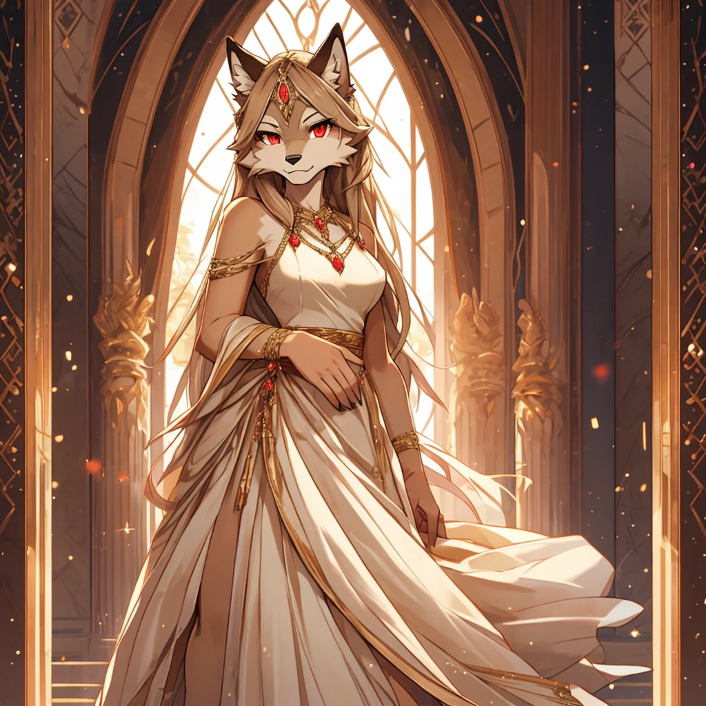 , solo, 1girl, Furry , furry wolf, anthropomorphic, female, red eyes, (beige fur, beige skin), elegant dress, gala , 