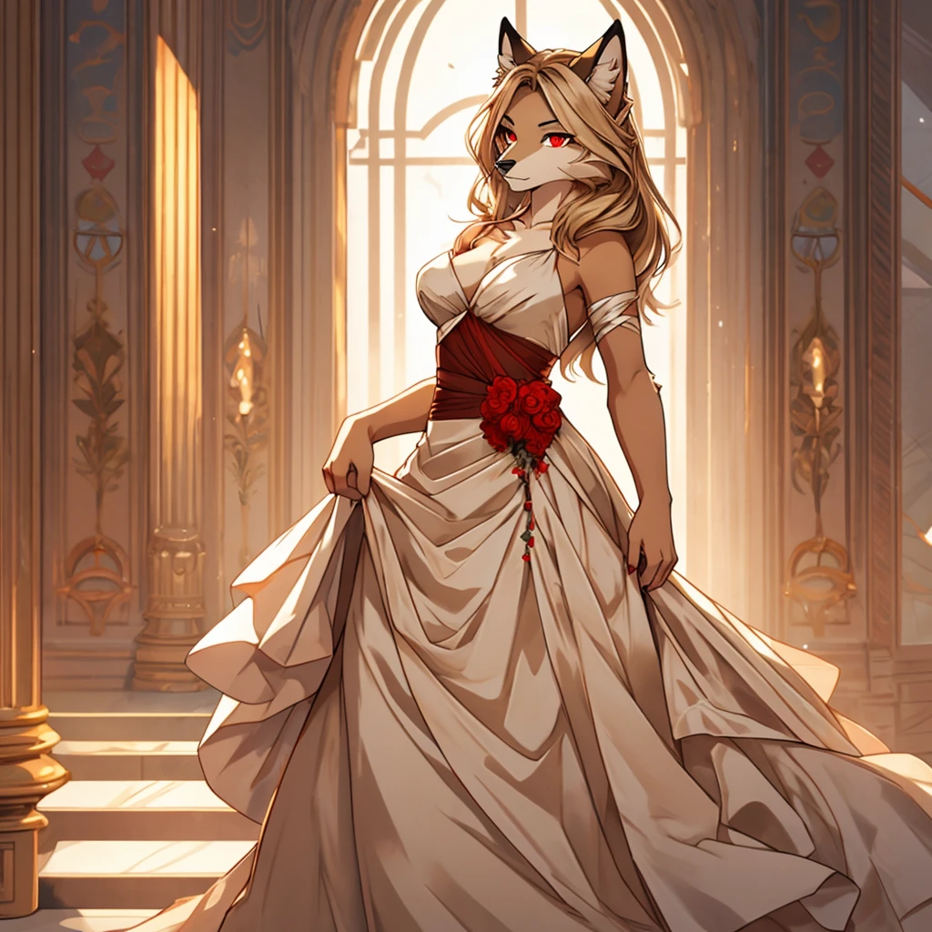 , Allein, 1 Mädchen, pelzig , pelziger Wolf, anthropomorph, weiblich, rote Augen, (beige fur, beige skin), Elegantes Kleid, Gala , 