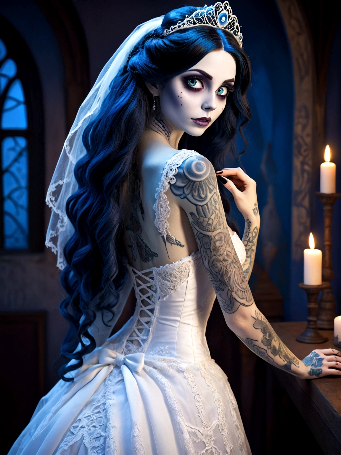 Create a hyper detailed photograph of a corpse bride tattooed young sexy Emily the Corpse Bride, Stunningly perfect gorgeous face, perfect makeup, detailed vibrant eyes, long hair, beautiful perfect, perfect beautiful perfect arms, realistic torso, Emily corpse bride detailed  skin, big breast, perfect round ass, corpse bride sexy seductive white lace lingerie dress, back to camera looking forward,