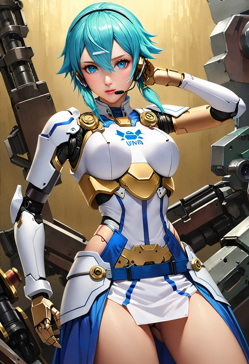 (((Highest quality)))、(((unity 8k wallpaper)))、(((32k)))、(((masterpiece)))、(((Very detailed)))、(((Ultra-high resolution)))、(((Ultra-high resolution)))、(((Cyborg Sinon)))、(((Mecha Girl)))、(((Robot Girl))、(( Very detailed顔, RAW Photos, Professional, Ultra-fine painting, Fine metal texture, High quality fabric, sexy, Genuine, A dress-like armor in blue and white with gold molding..、Mechanical Rimbecha Girl、Machinery Parts、複雑に表現されたスーパーRobot Joints、Robot Joints、Robot Fingertips、Single Mechanical Arm、Mechanical Arm、headset、Complex mechanical body、A mechanical waist covered in elaborate armor、Realistic and complex camera eye:1.5))、A complex fusion of body and machine、Legs covered in blue and white armor、Beautiful legs with mechanical knee joints covered in machinery, Sock-like armor、Eyes like a mechanical camera、Anatomically correct machine、Covered in white and blue armor、Very beautiful face、Beautiful posture、Stand upright、sky blue short hair、fullbody