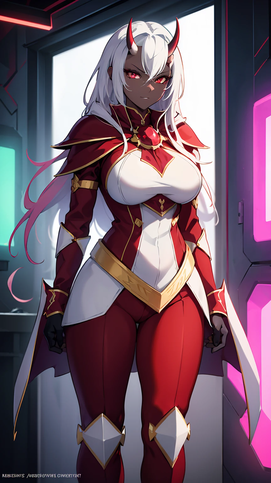 1 girl,dark skin,white armor,red rgb led clothes,huge breasts,open bust,white hair,colored skin,rgb trim,busty,high resolution,4k,futuristic,horns,calamitas,gamer,horns,look atviewer, sinister,smug,hi quality,top quality,perfect body,artstation