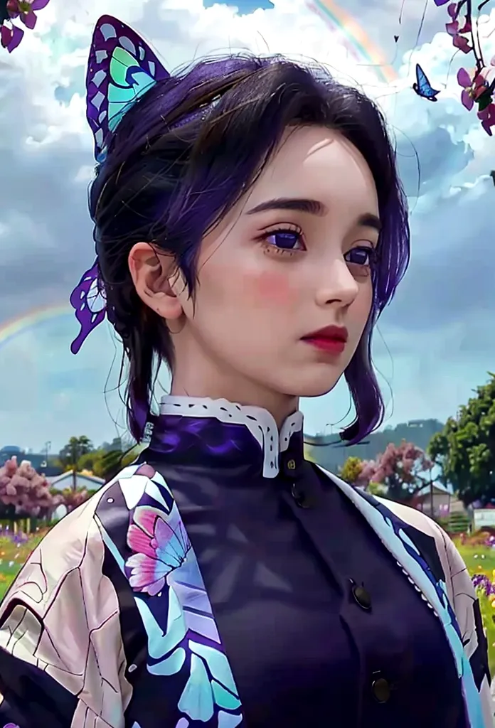 portrait photo in a field with purple flowers, butterflies in the air with a beautiful rainbow in the sky