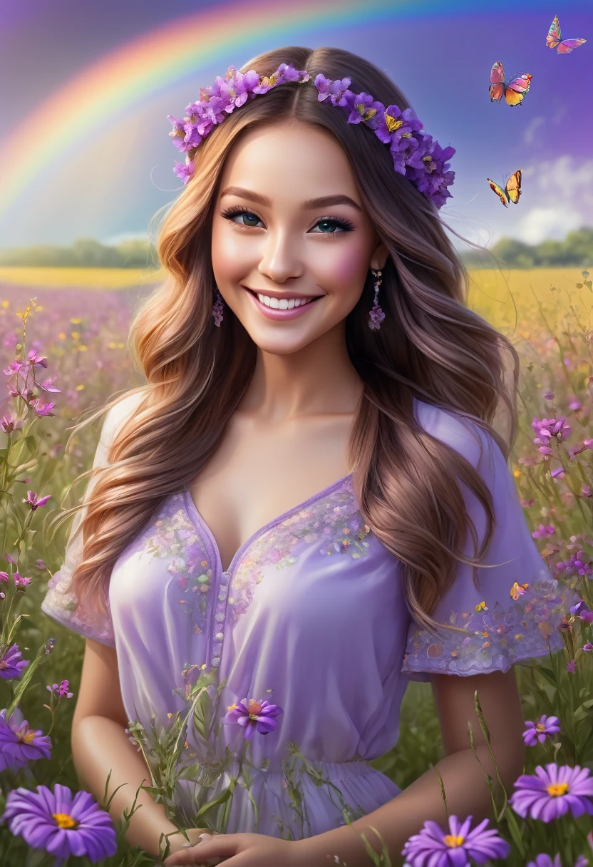 portrait photo in a field with purple flowers, butterflies in the air with a beautiful rainbow in the sky, looking at the viewer, beautiful smile, ultra realistic, ultra detailed