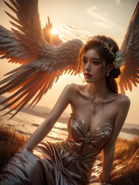 a woman in a provocative angel costume, musing on a cloud against an enchanting sunset. the camera is angled from below, framing...