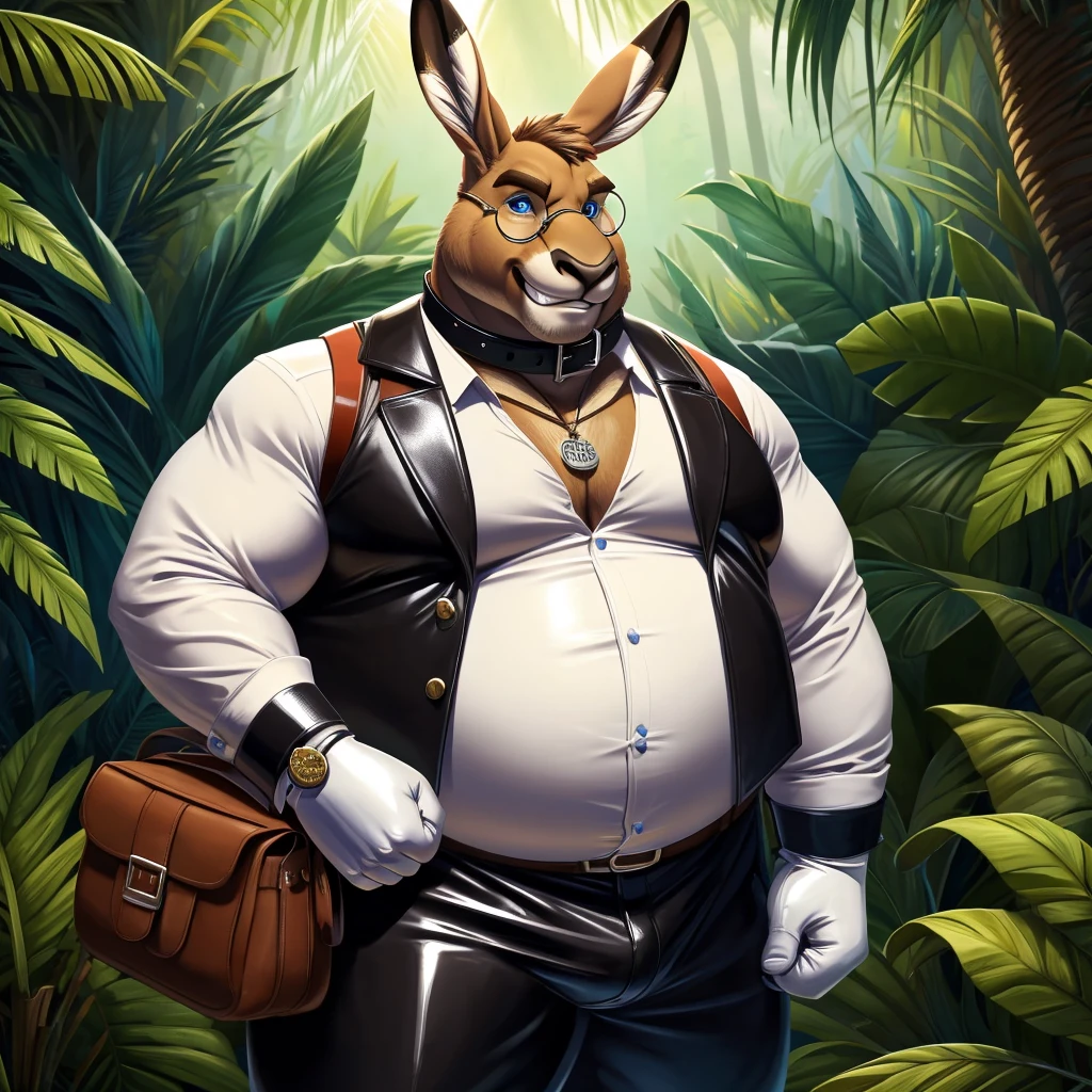 Solo, Male, fat, extremely obese, gentleman, dapper Professor Kangaroo, blue eyes, (posing:1.3), (soft shading), 4k, hi res, ((detailed face, detailed)), looking at viewer, evil grin, jungle, forest, collared shirt with buttons, top hat, male focus, Explorer Outfit, glasses, monocle, bag, vest with buttons, backpack, sleeves rolled up, round eyewear, brown headwear, brown vest, Kangaroo is wearing a glossy leather dog collar around the neck, Kangaroo is wearing the leather collar and shirt and vest at the same time, Kangaroo is wearing glossy white rubber gloves on the hands, wearing white rubber gloves on the feet, Kangaroo is wearing glossy white cuffs around the wrists with cufflinks, gloves are rubber in texture, clenching teeth, clenching fists, leather collar is glossy and shiny with a lot of detail, Kangaroo is wearing gloves and cuffs and cufflinks at the same time, leather collar has a round dog-tag, leather collar is thick and detailed.